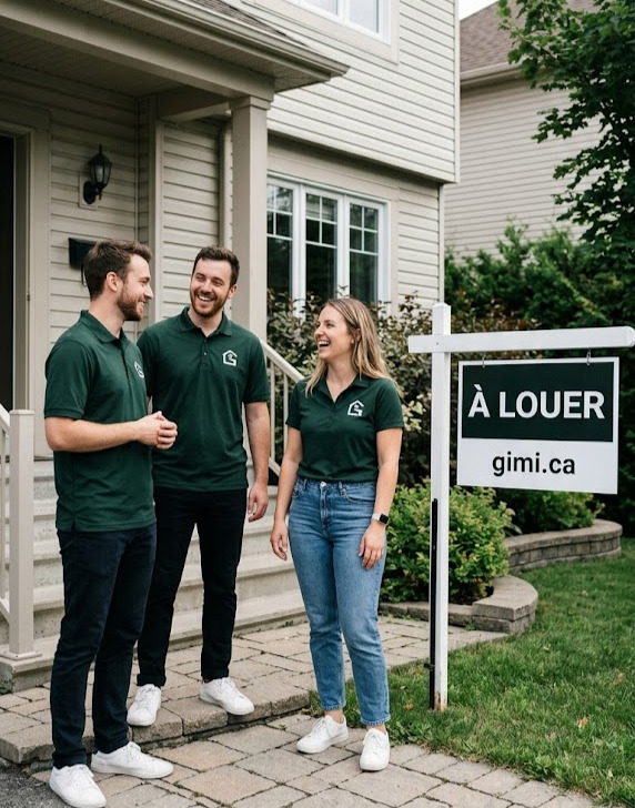 Équipe GIMI devant une propriété à louer — panneau À LOUER gimi.ca